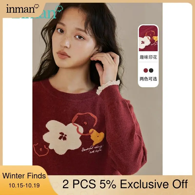 

INMAN Autumn Winter Women's Sweater Sweet Naughty Printing Splicing Cuffs Design Round Collar Pullover Female's Top