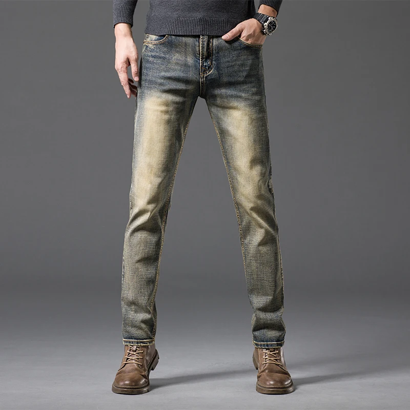 

Классические деловые повседневные джинсы в стиле ретро, мужские мягкие Стрейчевые облегающие прямые трендовые удобные модные Универсальн...