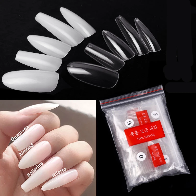 

500pcs/pack Transparent/natural Ballerina/Almond/stiletto False Nail Tips Fake Nails Nail Supplies for Professionals Manicure