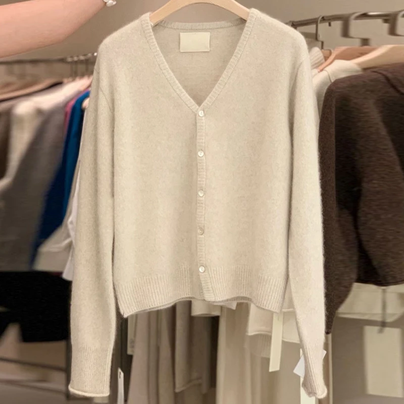

Женский вязаный кардиган, однотонный короткий кардиган с V-образным вырезом и пряжкой, свободный свитер с длинным рукавом, корейский стиль, ...