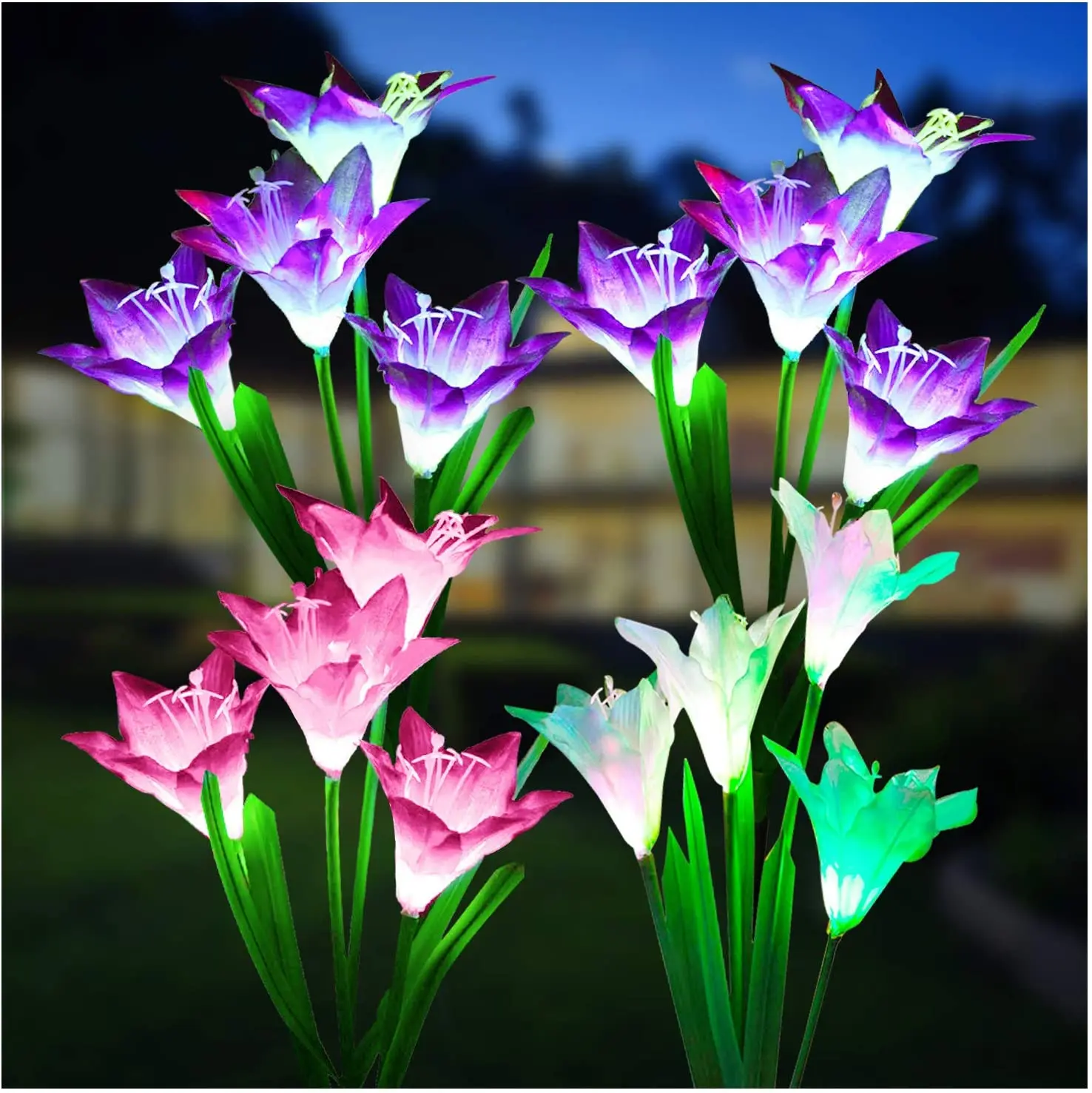 2pcs Outdoor Solar Garden Stake Lights 7 Color Changing 4 Head Lily Flowers Lights  Decorative Christmas for Patio Yard Pathwa