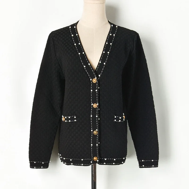New Runway Luxury Women's Cardigans Knitted V-neck Designer Beading Sweaters Feminine Elegant Buttons Autumn Outerwear Coats Top |