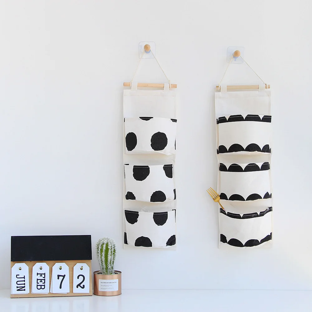 

Cotton Linen Hanging Storage Bag 3 Pockets Wall Mounted Wardrobe Hang Bag Cosmetic Toys Organizer for Bedroom Kitchen Bathroom