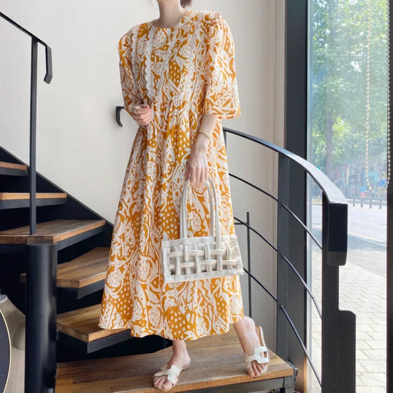 

Korean Chic Summer Retro O Neck Dress Women Lace Stitching Contrast Print Half Sleeve Vestidos Elegant Temperament Loose Robe