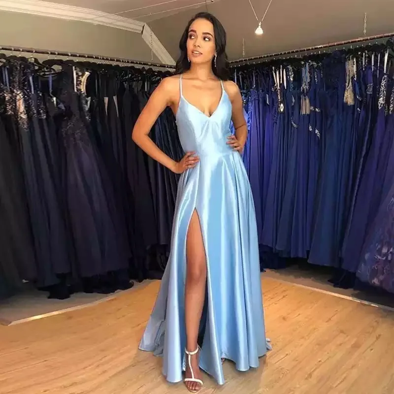 Простой длинное вечернее платье светильник небесно-голубая сатиновая Vestido De Noite