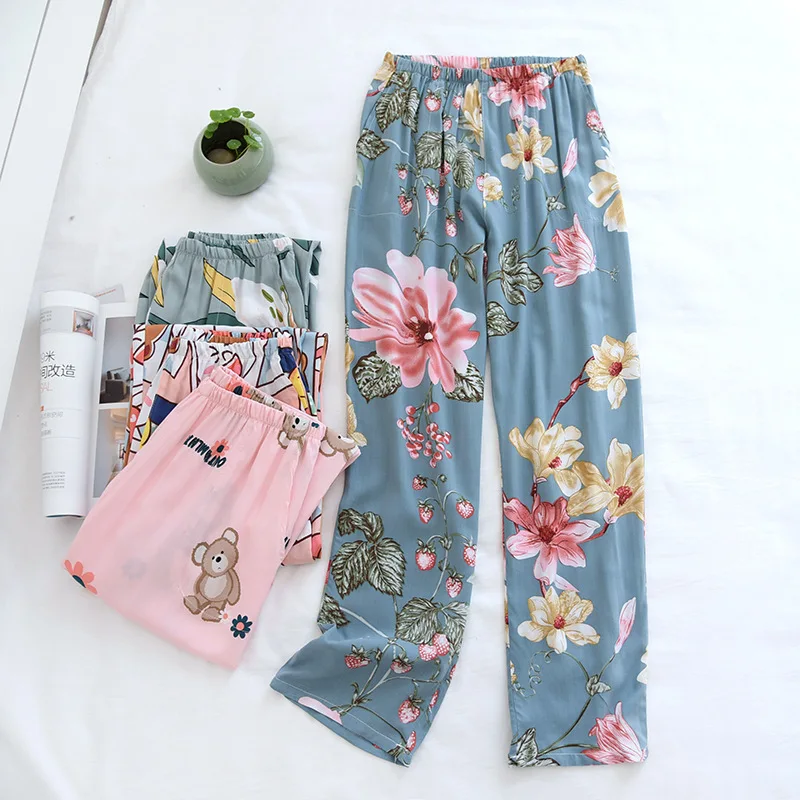 

Summer Long Sleep Pants Women Printed Pajamas 100%Viscose Soft Thin Sleepwear Kawaii Cartoon Home Pants Loose loungewear Aututmn