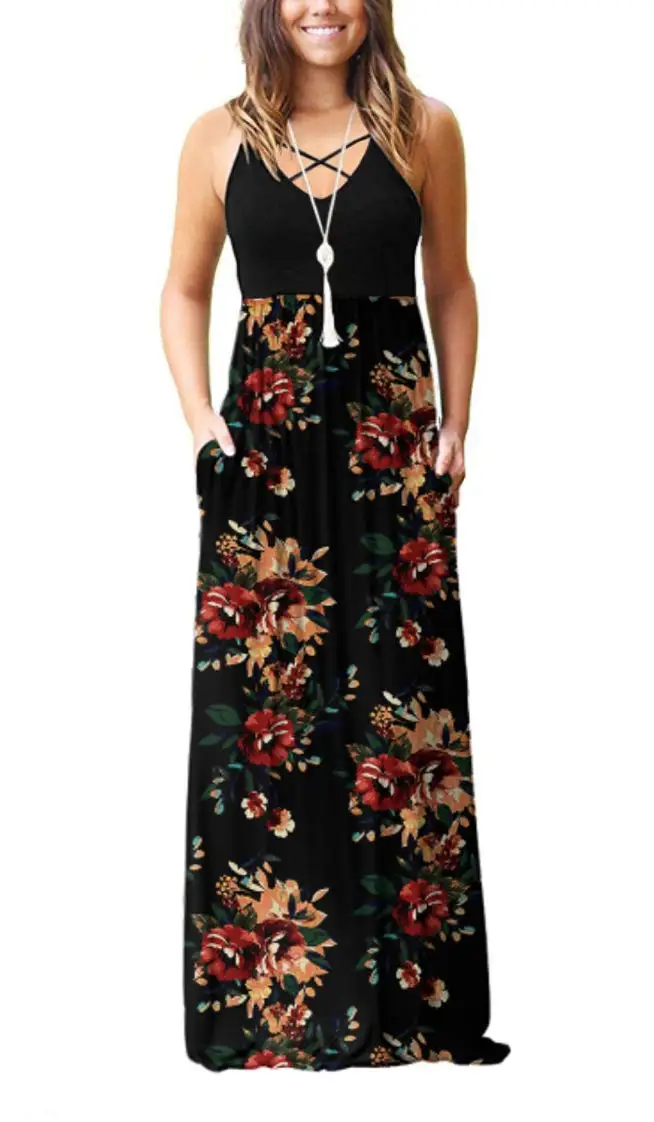 

Women's Sleeveless Racerback Loose Plain Maxi Dresses Casual Long Dresses with Pockets