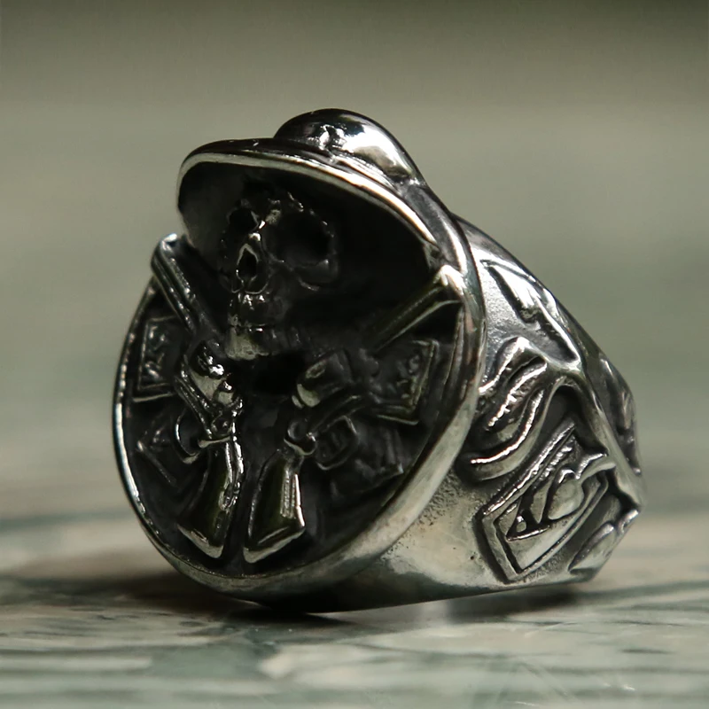 Vintage Huge Heavy Cool Skull Ring 316L Stainless Steel Double Guns Big Male Gothic Punk Biker Jewelry Size 8-14 | Украшения и