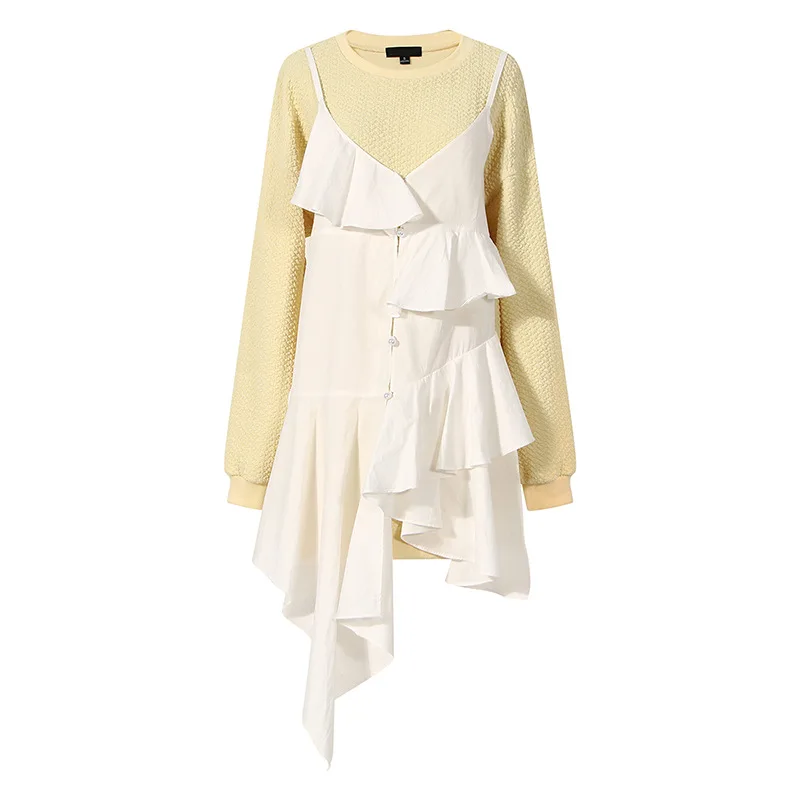 

SuperAen 2021 Осень новинка поддельные два асимметричных многослойных рюшами платье на подтяжках сплайсинга o-образным вырезом Футболка для женщ...