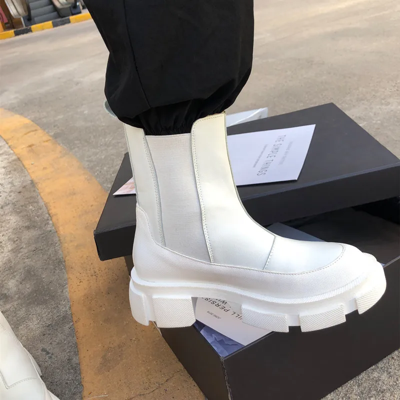 

Elastic Sleeve Ankle boots Woman Fashion Round Toe Mid-tube Chelsea Boots Increase Thick-Soled Boots White Short Boots For Women