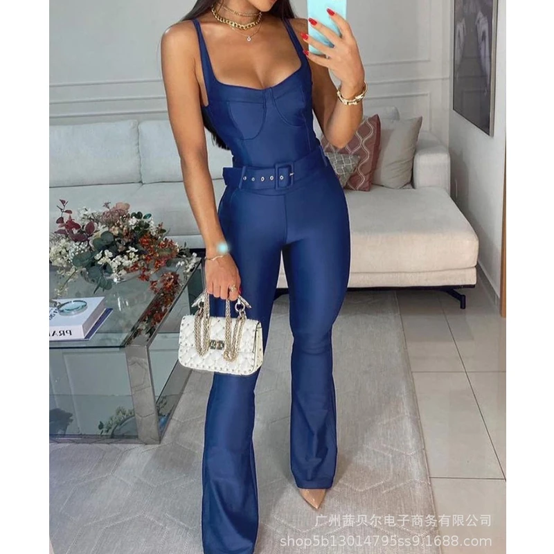 

WEPBEL Jumpsuits Women's Solid Slim High Waist Jumpsuits Sexy Spaghetti Strap Strapless Backless Flare Jumpsuits NO Belt