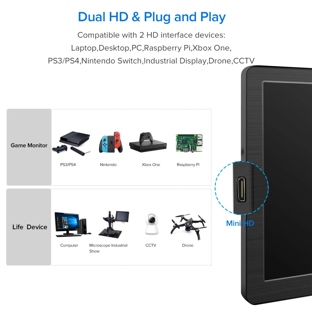 저렴한 EVICIV 7 인치 휴대용 모니터 스위치 게임 외부 화면 PS4 Xbox 컴퓨터 노트북 IPS 디스플레이 1024x600 라즈베리 USB HDMI