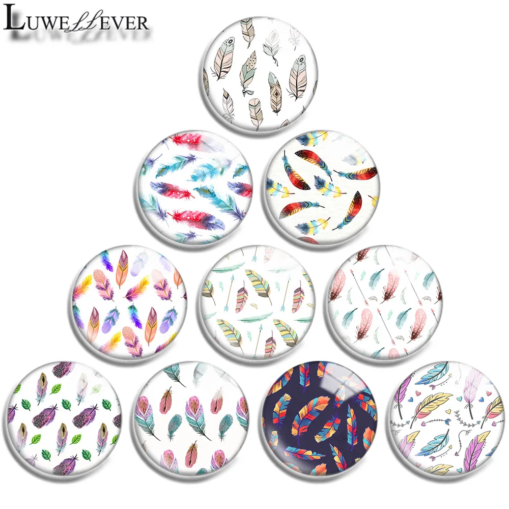 

10mm 12mm 16mm 20mm 25mm 30mm 726 Indiana Feather Mix Round Glass Cabochon Jewelry Finding 18mm Snap Button Charm Bracelet