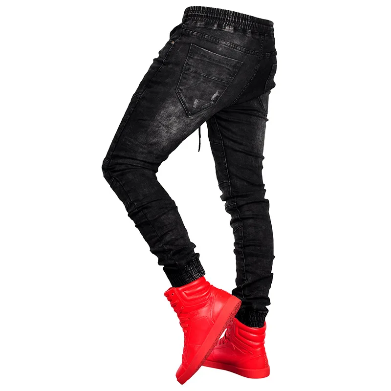 Men's Pure Colors jeans Pants Moto Biker Jeans Slim Men Jogging Movement Jeans Skinny High Elastic Pencil Drawstring Long Pants