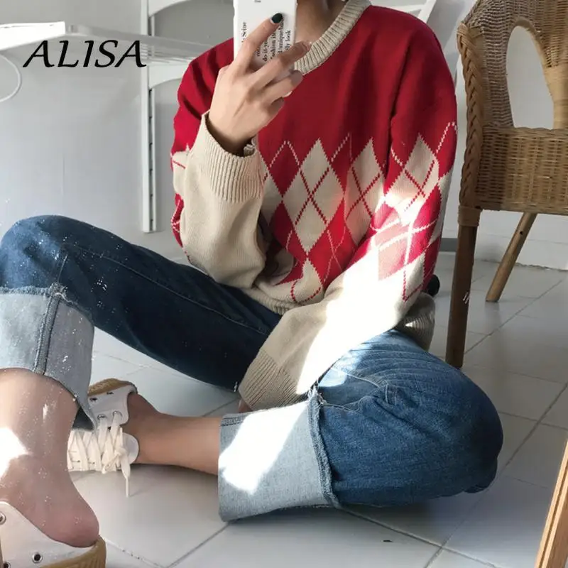 

Женский винтажный свитер с узором ромбиками, Свободный пуловер оверсайз с длинными рукавами, вязаные свитера в Корейском стиле Харадзюку н...