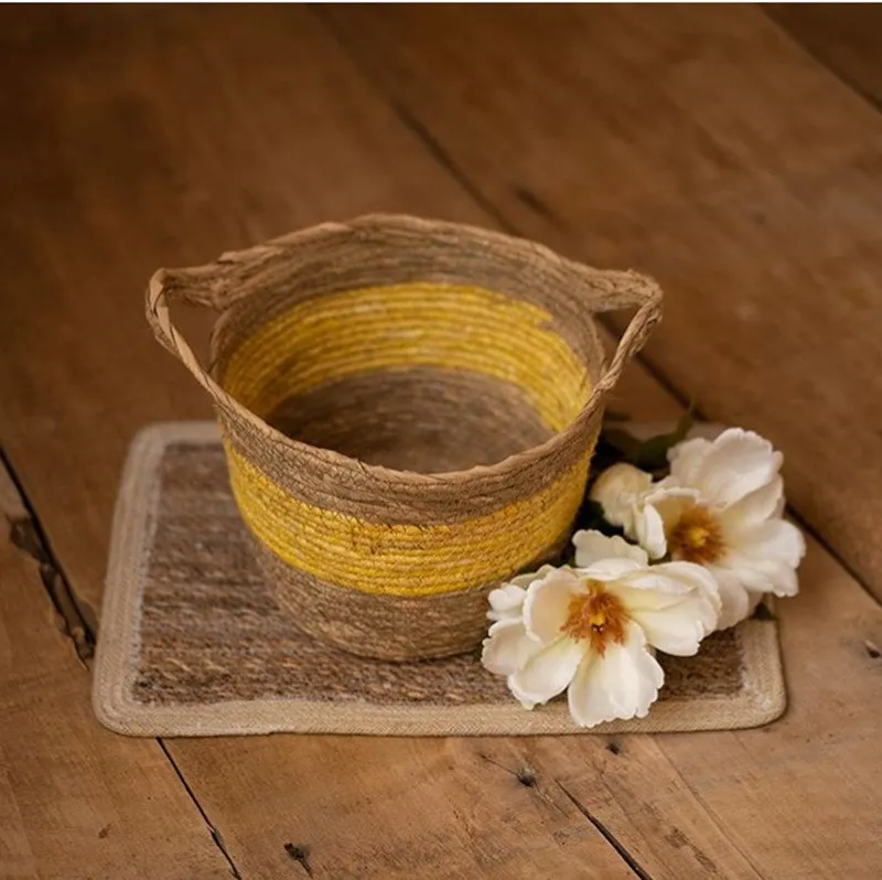 

Yellow Children's Studio Woven Basket Newborn Photography Props Basket Baby Photo Weaving Frame Infant Basket Prop Toy Gifts