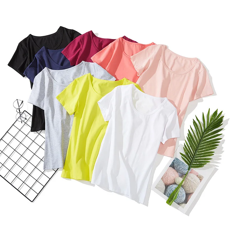 

New Summer Women's T Shirt Pure Colour Large Round Neck High Elastic T-shirt for Female Cotton Short Sleeve Tops T-shirt