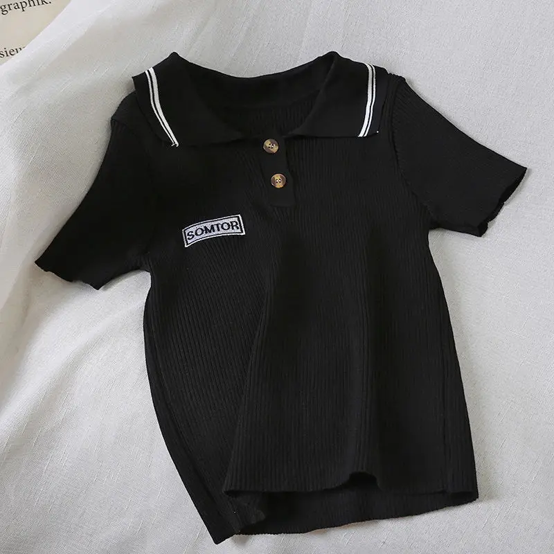 

2020 new Korean style striped letter embroidered small shirt women's new short short sleeve umbilical knit T-shirt