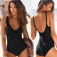solid black ruffled one piece swimsuit women sexy vintage bodysuit swimwear 2022 new beach wear bathing suits for female summer