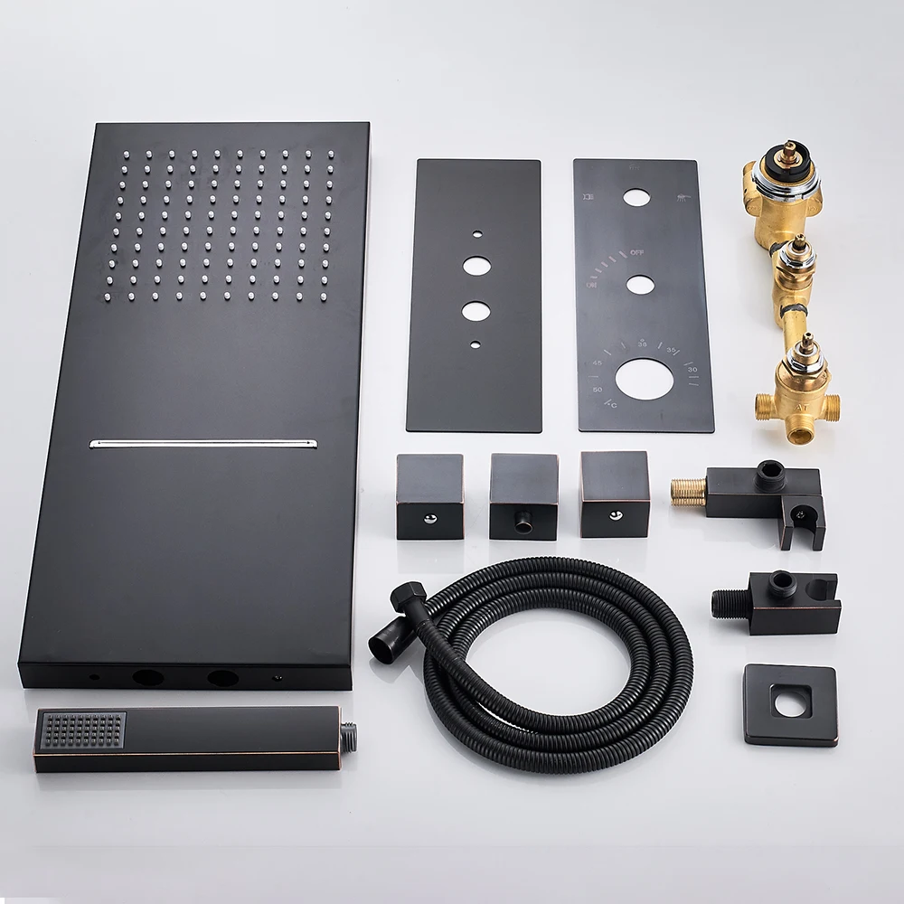 

Black Thermostatic Shower Faucets Set Rain Waterfall Shower Head With 3-way Thermostatic Mixer Tap Bath Shower Faucet