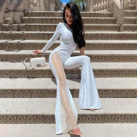 hot jumpsuit women french fashion one shoulder solid color see through mesh stitching flared trousers elegant woman jumpsuits
