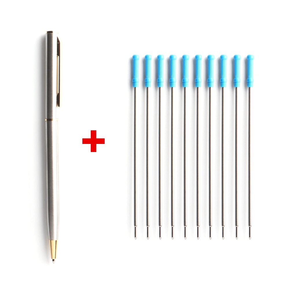 

1+10Pcs/Set Metal Ballpoint Pen With Refills For School Office Stainless steel Material Rotating Stationery Supplies Pens