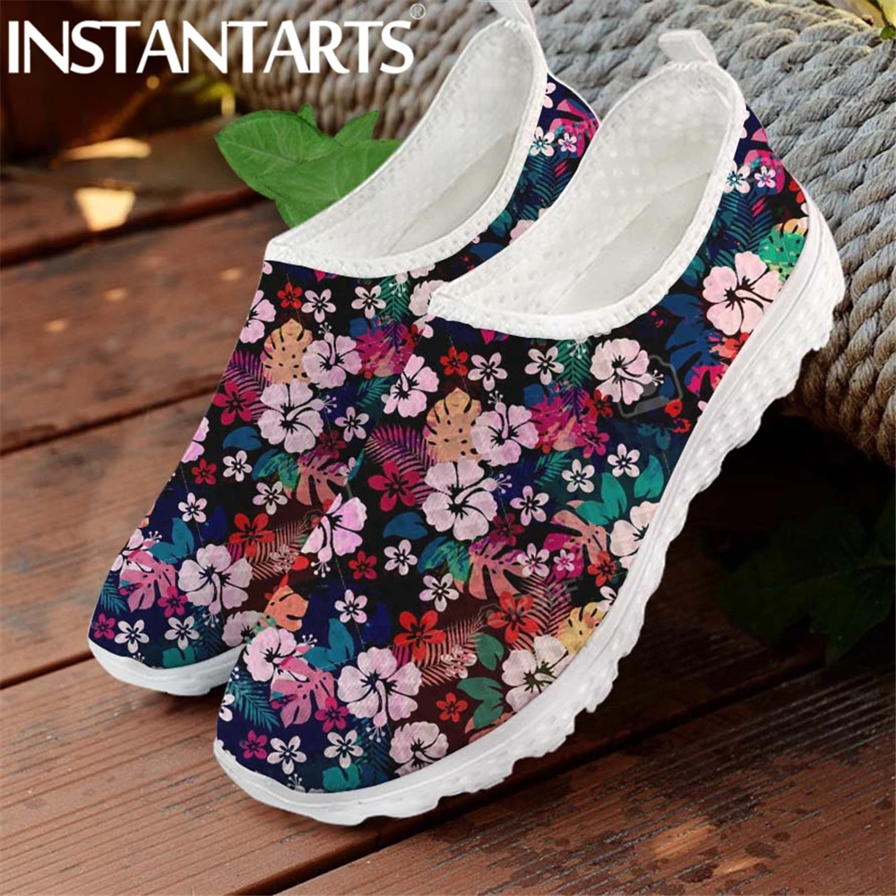

INSTANTARTS Hot Selling Ladies Slip-on Flat Shoes Pretty Tropical Hibiscus Flower Printed Mesh Sneakers for Women Soft Loafers