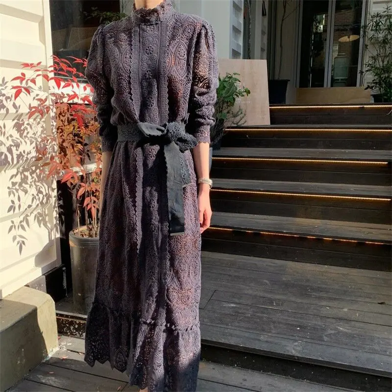 

Women Sweet Gentle Fashion Girls Female Long Dresses 2021 Stylish Lace All-Match Korean Elegant Lace-Up Chic Hook Flowers