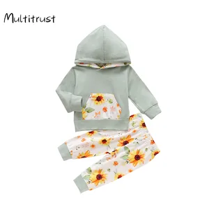 Одежда для младенцев; Осень-зима 2020; Комплект одежды для новорожденных мальчиков и девочек с цветочным принтом и карманами; Топ с капюшоном + штаны; Комплект из 2 предметов