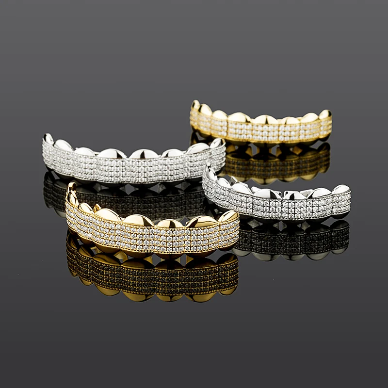 

Hip Hop 8 Rows CZ Stone Paved Bling Iced Out Teeth Grillzs Top Bottom Set Dental Grills Men Rapper Jewelry Silver Color Gift