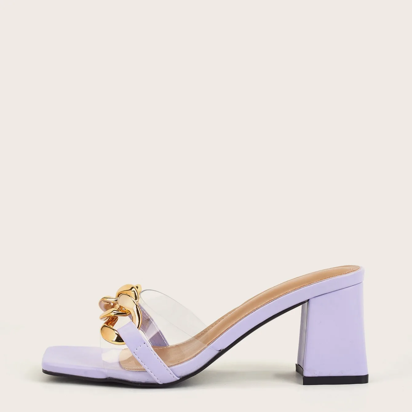 

2021 New Fashion Big Chains Women Transparent Slippers Square Toe Slip On Slides Summers Beach Square Low 6cm Heels Shoes Purple