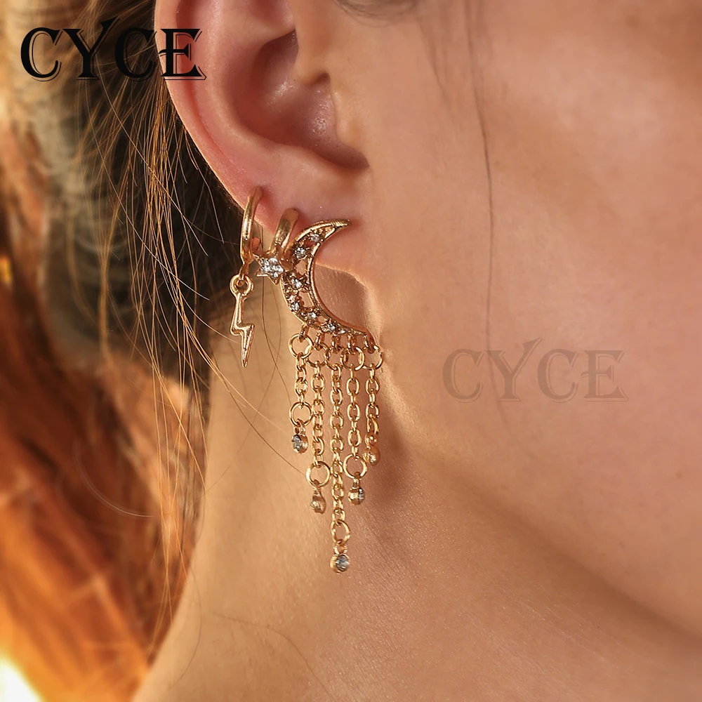 

2021 Fashion Tassel Rhinestone Moon And Star Earrings With Stainless Steel Chain For Women Stud Earrings Set Jewelry Accessories
