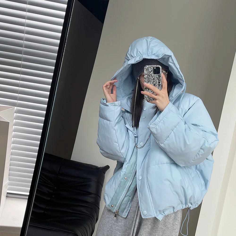 

Solid Drawstring Hooded Short Puffer Coat Sky Blue / White