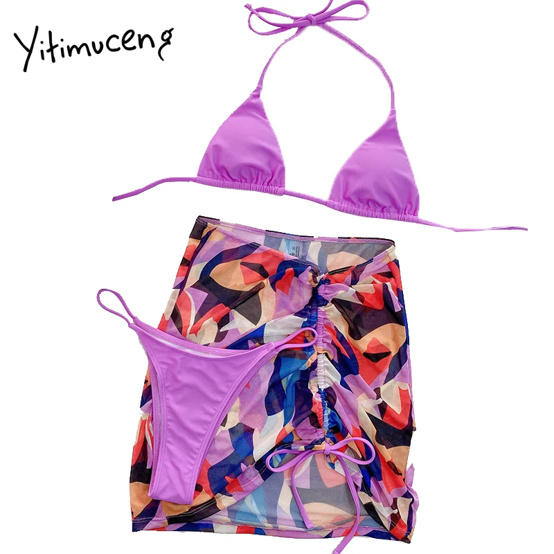 

Yitimuceng Halter Mini Swimming Suit for Women Corset High Waist Bandage Sexy 3 Piece Bathing Set Bikini 2021 Summer Beach Skirt