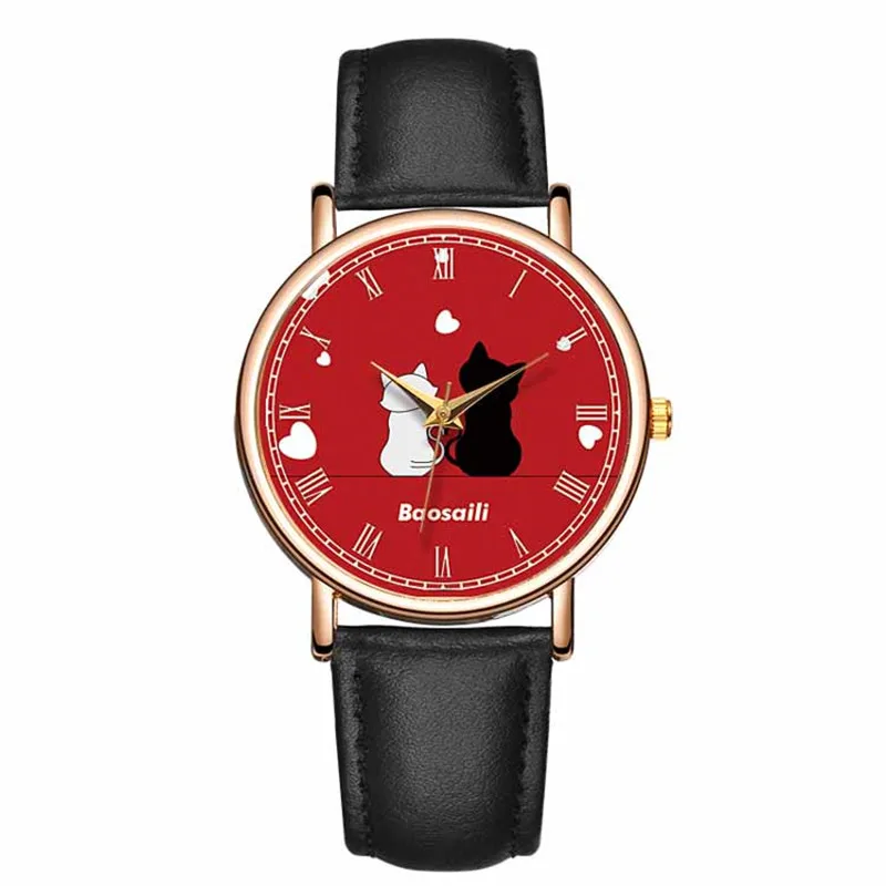 

Fashion Women's Watches Couple Cat Pattern Red Dial Watch Ladies Round Analog Clock Quartz Wristwatch Girls Orologio Da Donna