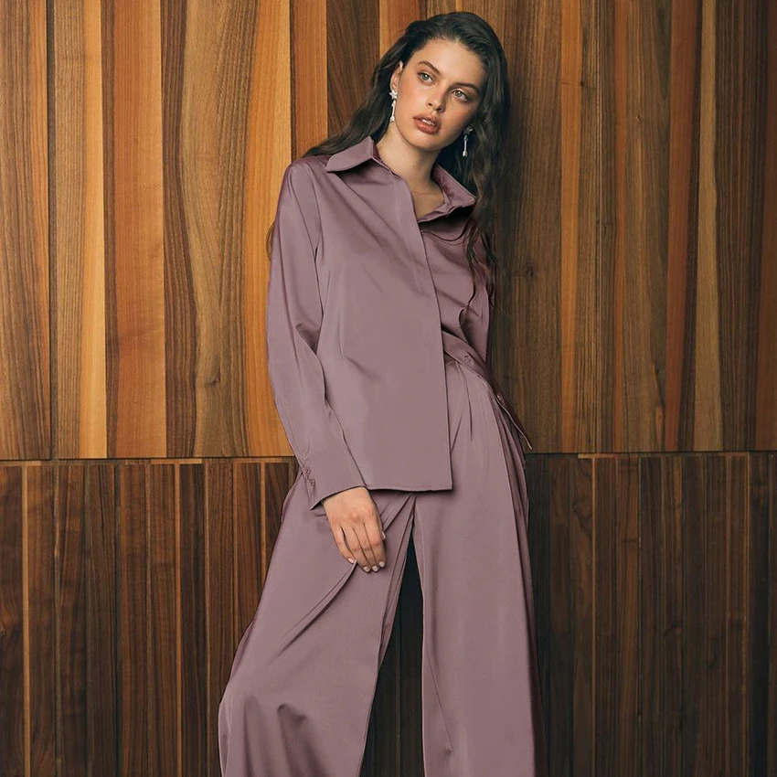 

Restve Loose Women Sets Satin Long Sleeve 2 Piece Top And Pants Female Casual Home Suit Solid Ladies Trousers Set Summer 2021