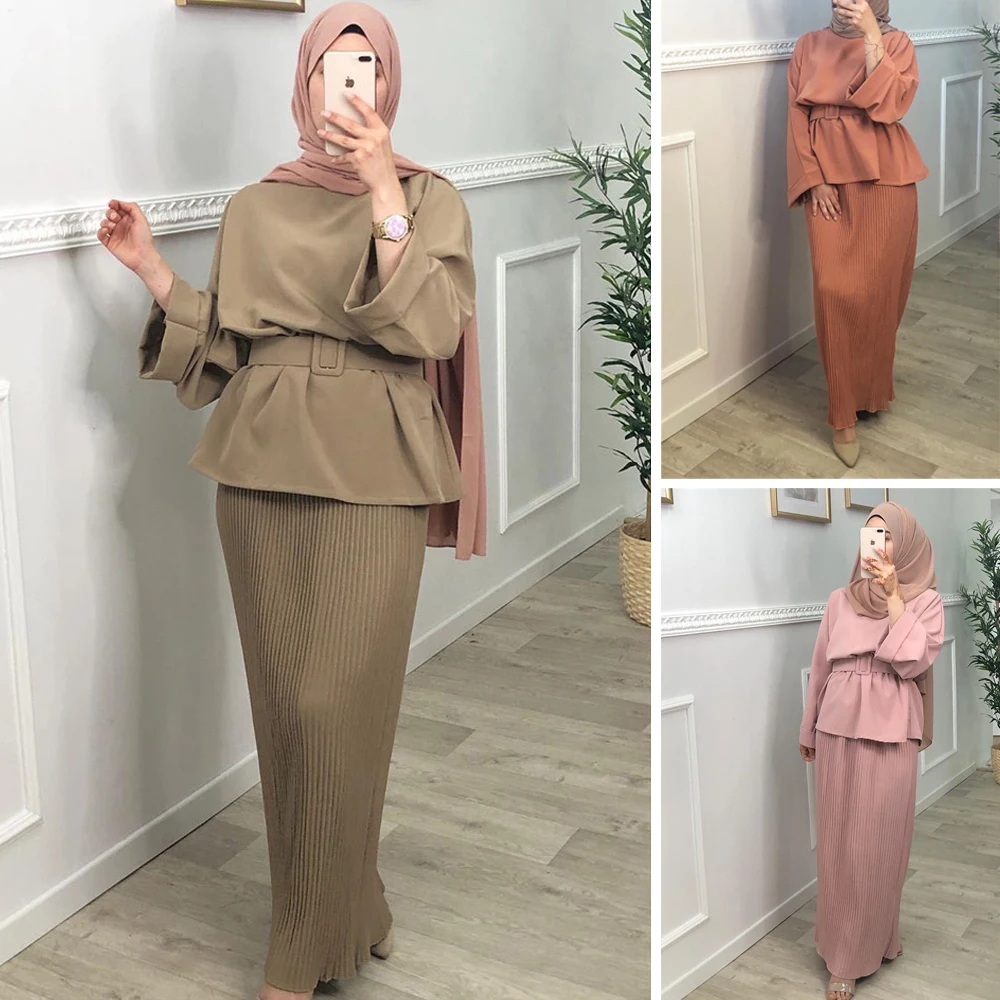 Abaya, турецкий мусульманский хиджаб, платье, топы, юбка, комплекты из 2 предметов, Caftan Marocain Caftan Dubai пояс, мусульманская одежда для женщин Eid Mubarak