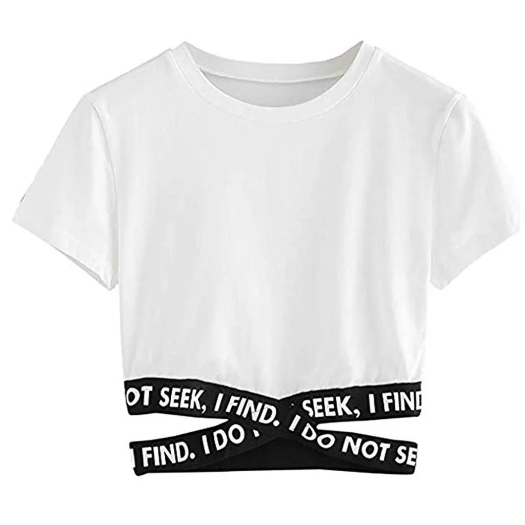 Fashion Womens Lady Soild Letter T-Shirt Harajuku Kawaii Cross Bandage Sexy Tops Casual Summer Korean Style Top Tees Female | Женская