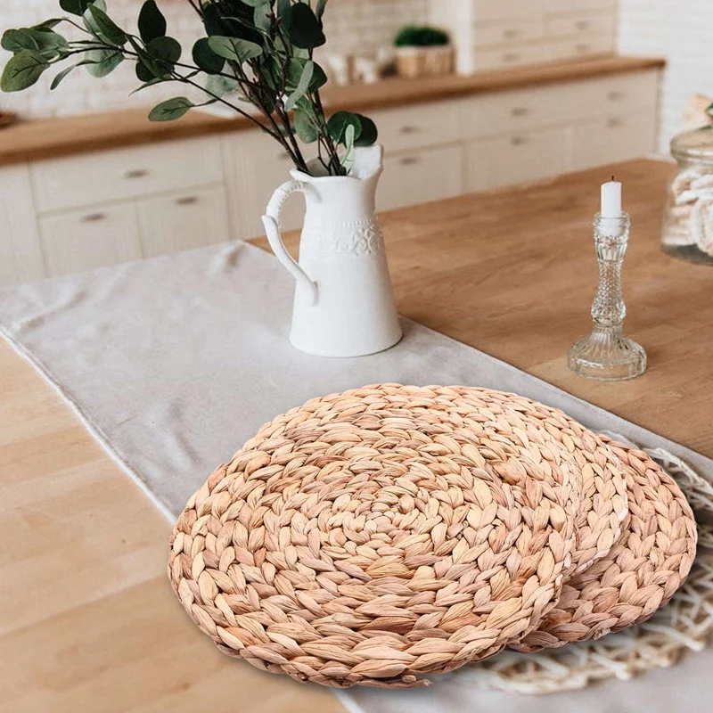 

4Pc Natural Water Gourd Woven Placemat Round Woven Rattan Table Mat Water Gourd Placemat Round Pad Woven Green Tropical Wedding