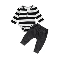 two piece baby boys clothes fashion striped print long sleeve round neck button bodysuit and tie up pocket solid color pants