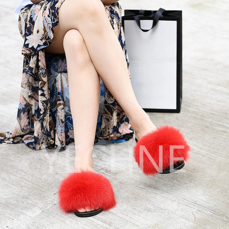 Женские меховые шлепанцы закрытые Шлепанцы из натурального Лисьего меха сланцы