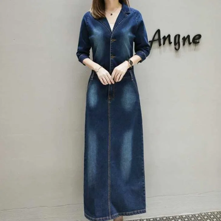 Женское длинное джинсовое платье с V образным вырезом|Женские платья| |