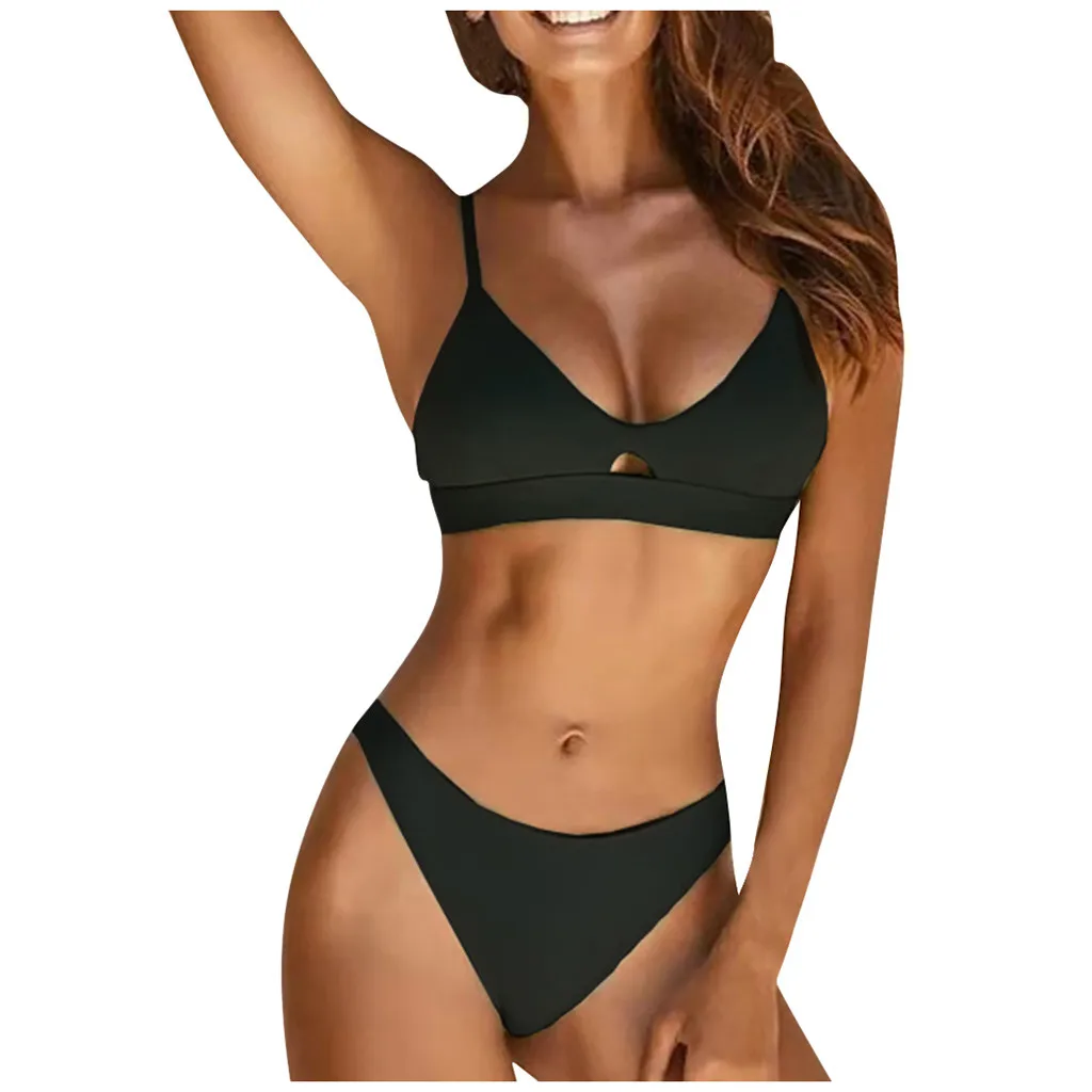 

Hollow Out Bandage Halter Two Piece Swimwear Womens Sexy Fashion Ring Split Solid Color Swimsuit Beach Vacation 2021