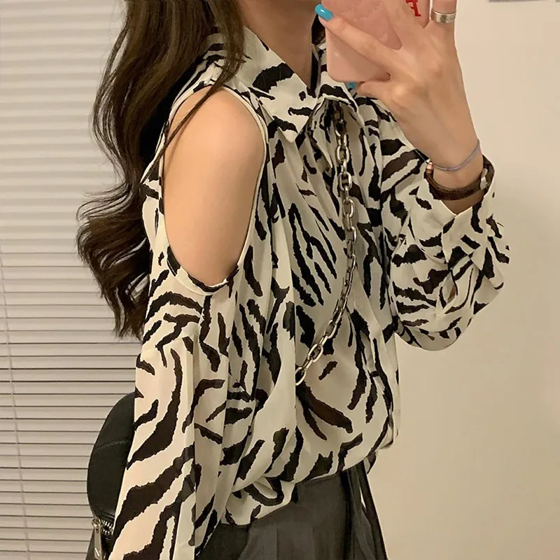 

Women Long Sleeve Leopard Blouse Ladies OL Shirt Party Sexy Off-the-shoulder Bf Wind Tops Streetwear blusas femininas