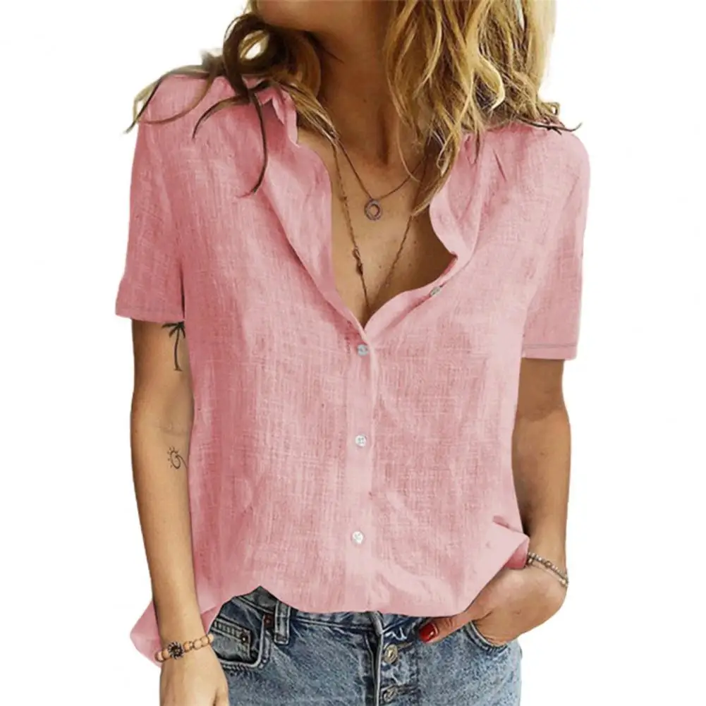 

2021 Summer Shirt Women Solid Button Blouses Short Sleeve T-Shirt Tops Ladies Office Turn Down Collar Casual Plus Size Shirts