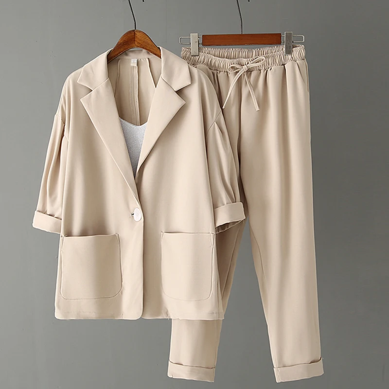Sister Fara New Spring 2021 Single Button Half Sleeve Blazers Coat Woman+Drawstring Ankle-Length Pants Office Lady 2 Piece Set
