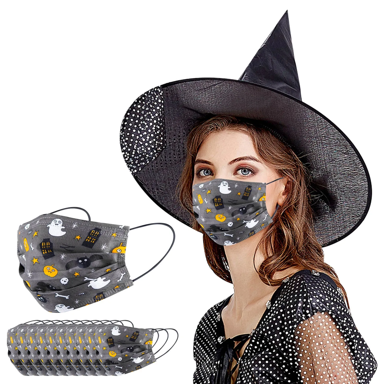 

10pc Halloween Face Mask For Adult Women Funny Ghost Print 3layer Dust-proof Filter Pm2.5 Mask For Women Earloop Bandage Masques