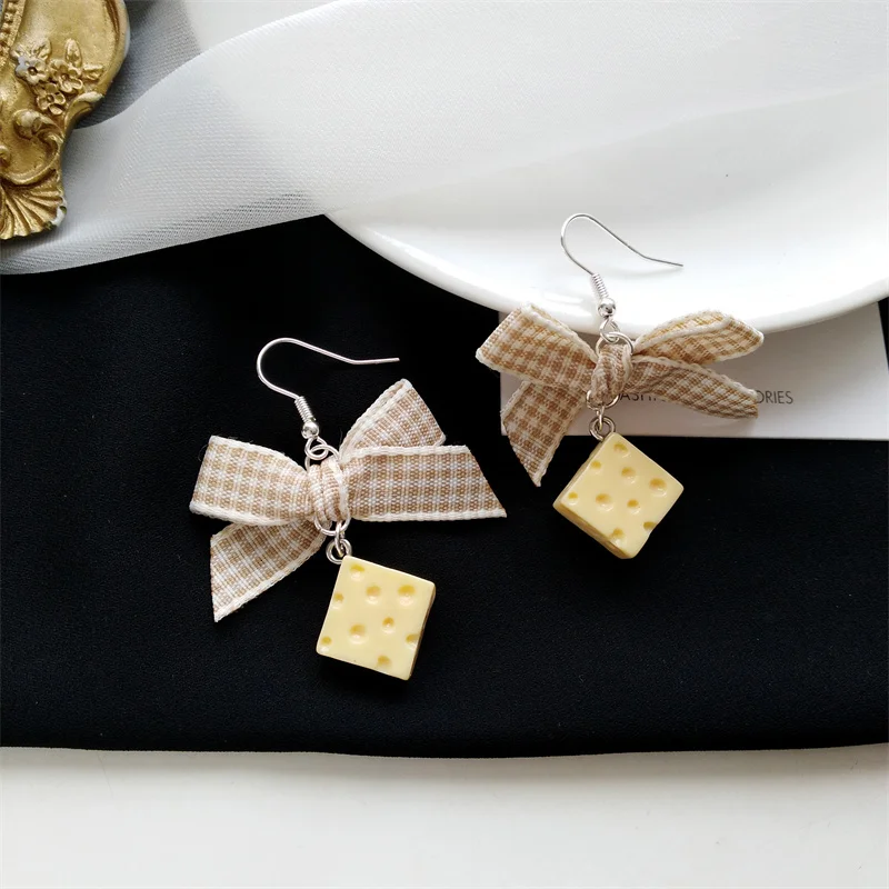 

Cute Jewelry Cheese Resin Earrings Popular Design Sweet Korean Temperament Plaid Bow Drop Earrings For Girl Fine Accessories