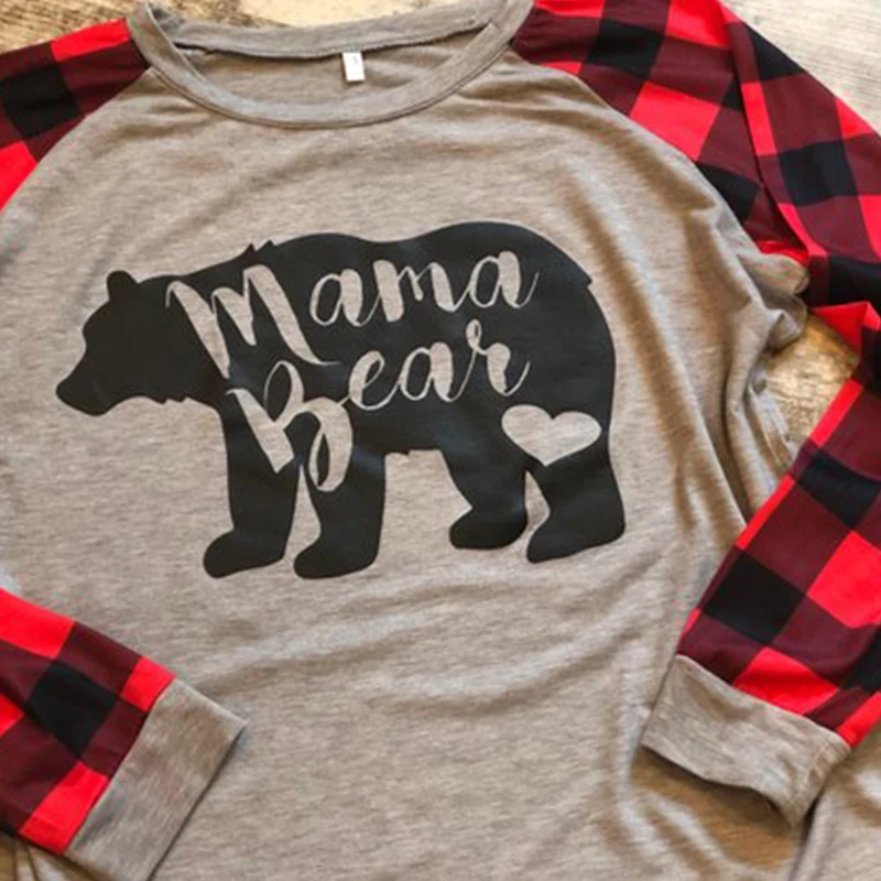 Пэдди дизайн медведя и надписью MAMA с принтом в клетку футболка осень-зима длинным