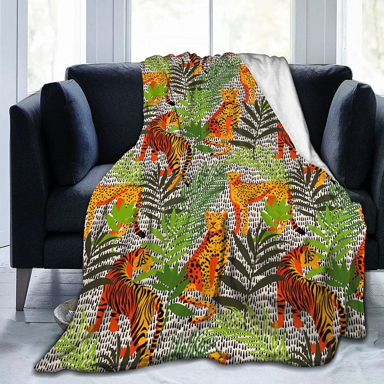 

Фланелевое покрывало с леопардовым принтом тигра, покрывало с тропическими растениями, для дивана, кровати, дивана, машины, уютное мягкое по...